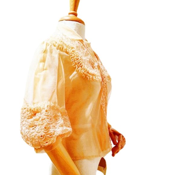 1950s Vintage Sheer Nylon Peach Orange Blouse With Ruffled Sleeves And Front - Picture 2 of 11